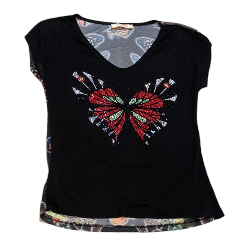 Vazzo Butterfly Shirt 90s Y2K Inspo Mesh Back Solid Front Rhinestone Butterfly M